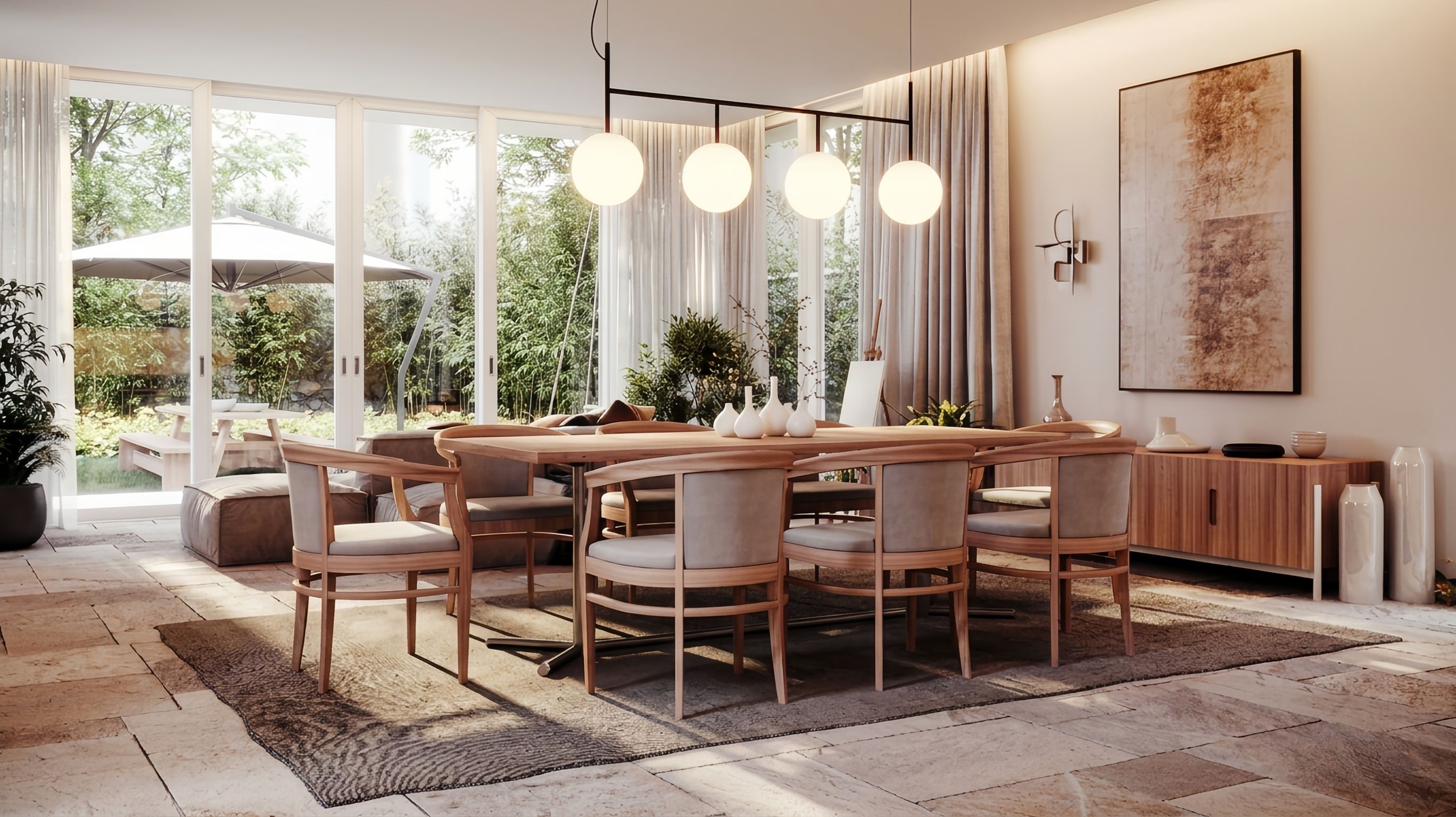 Render de uma sala de jantar com mesa de madeira, pendentes redondos e portas de vidro abertas para o jardim.